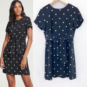 Ann Taylor Black Polka Dot Tie Front T-Shirt Dress 8P Petite Career Workwear